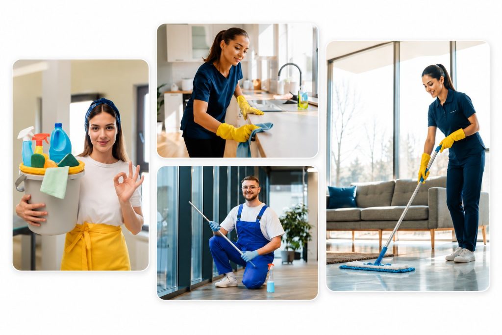 Four photos of cleaners at work: carrying a supply caddy, wiping a kitchen benchtop, cleaning windows and mopping a floor